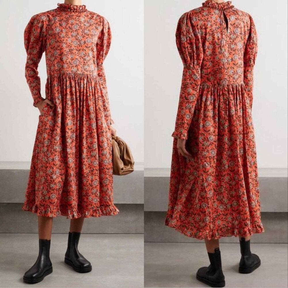 Horror Vacui August Floral Ruffled Cotton Midi Dress Size XS